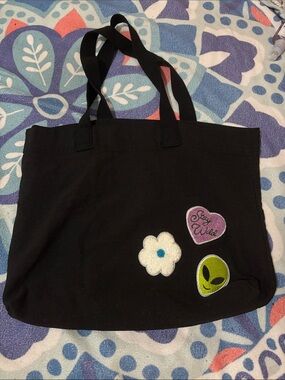 Black Canvas Tote Bag with Purple Heart, White Daisy & Green Alien Patches